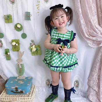 

Custom Spain Daily Princess Dress Green Check Set Girls Fly Sleeve Lovely Two Sets of Summer Sundress Toddler Girl Dresses Party