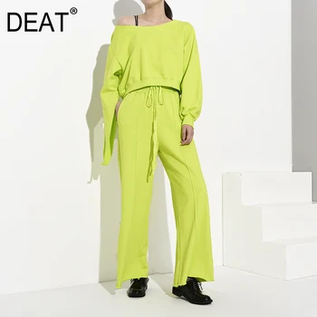 

DEAT 2020 Autumn And Winter New Full Sleeves Slash Collar Short Sweatshirt And Elastic High Waist Wide Legs Pants Set WH40306