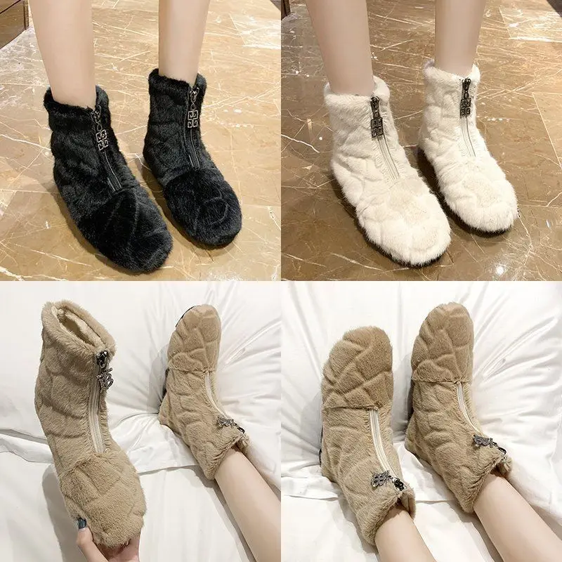 New Winter Cotton Boots Women's Fur Short Boots Soft Bottom Comfort Front Zipper Mink Fur Snow Boots Slip On Women Boots Fashion