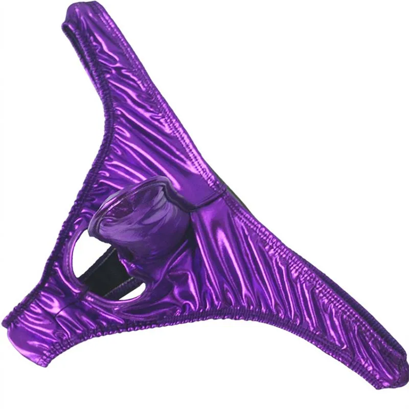 Sexy Men Lingerie Wet Look Metallic T-Back Bikini Shiny Brief Faux Leather Penis Sheath and Crotch Hole Gay Underwear