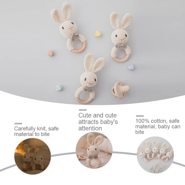 1Pc Baby Teether Crochet Rabbit Rattle Wooden Toys BPA Free Wood Rodent Rattle Baby Mobile Gym Newborn Stroller Educational Toys 5