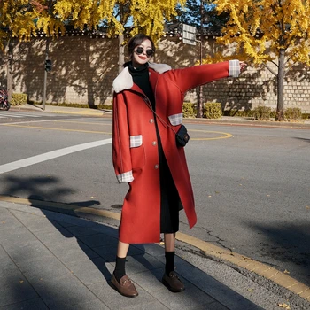 

2020 Winter Imitation Mink Fur Collar Woolen Coat Thick Warm Casual Fashion Red Coat High Quality Women's Wool Blended Coat