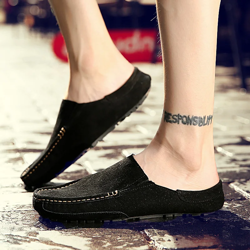 Man Summer Fashion Pig Skin Casual Half Shoe Male Breathable Soft Backless Half Loafers Hombre Open Back Leather Comfy Mocassins