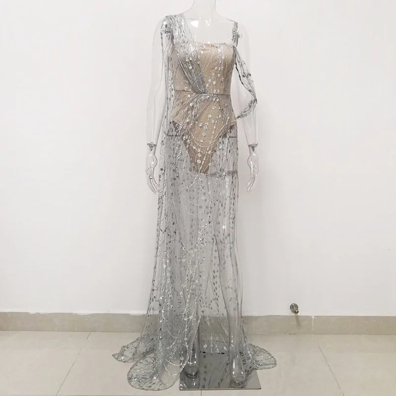Beyprern великолепное с Высоким Разрезом Длинное платье с блестками для женщин сексуальное одно плечо прозрачное асимметричное женское платье макси знаменитостей вечерние платья - Цвет: Silver