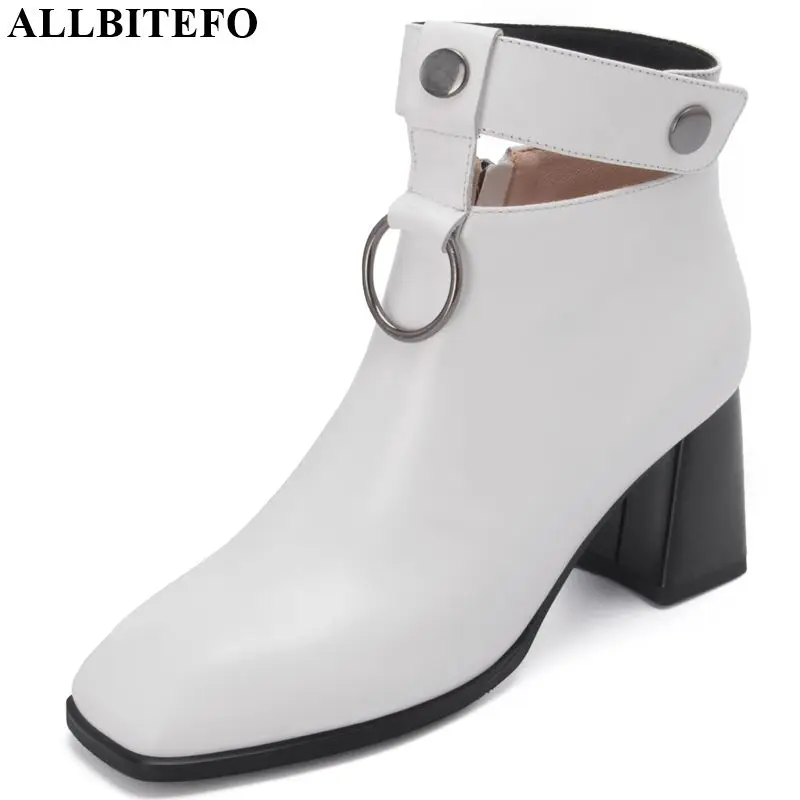 

ALLBITEFO natural genuine leather Square toe women boots concise Metal rivet fashion boots Autumn Winter Pure color ankle boots