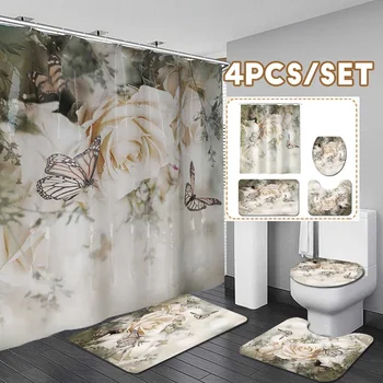 

New Roses Butterfly Flower Shower Curtains Waterproof Bathroom Curtain Toilet Cover Mat Non-Slip Rug Set for Bathtub Decor