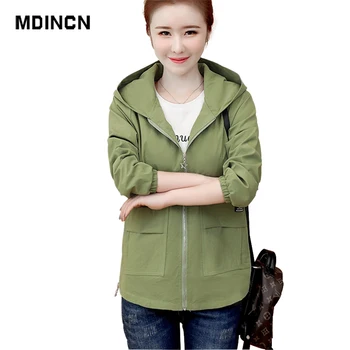 

MDINCN Spring And Autumn Women Jacket Drawstring Hem Long Sleeves Khaki Hooded Coat Lightweight Korean Windbreaker Streetwear