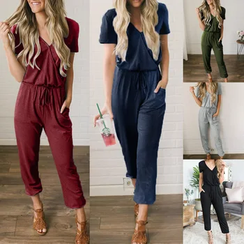

Sexy V Neck Belts Jumpsuits Summer Women Solid Casual Pockets Long Rompers Women Jumpsuits