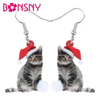 

Bonsny Acrylic Christmas Hat Short Hair Cat Kitten Earrings Drop Dangle Animal Jewelry For Women Girl Teen Party Decoration Gift