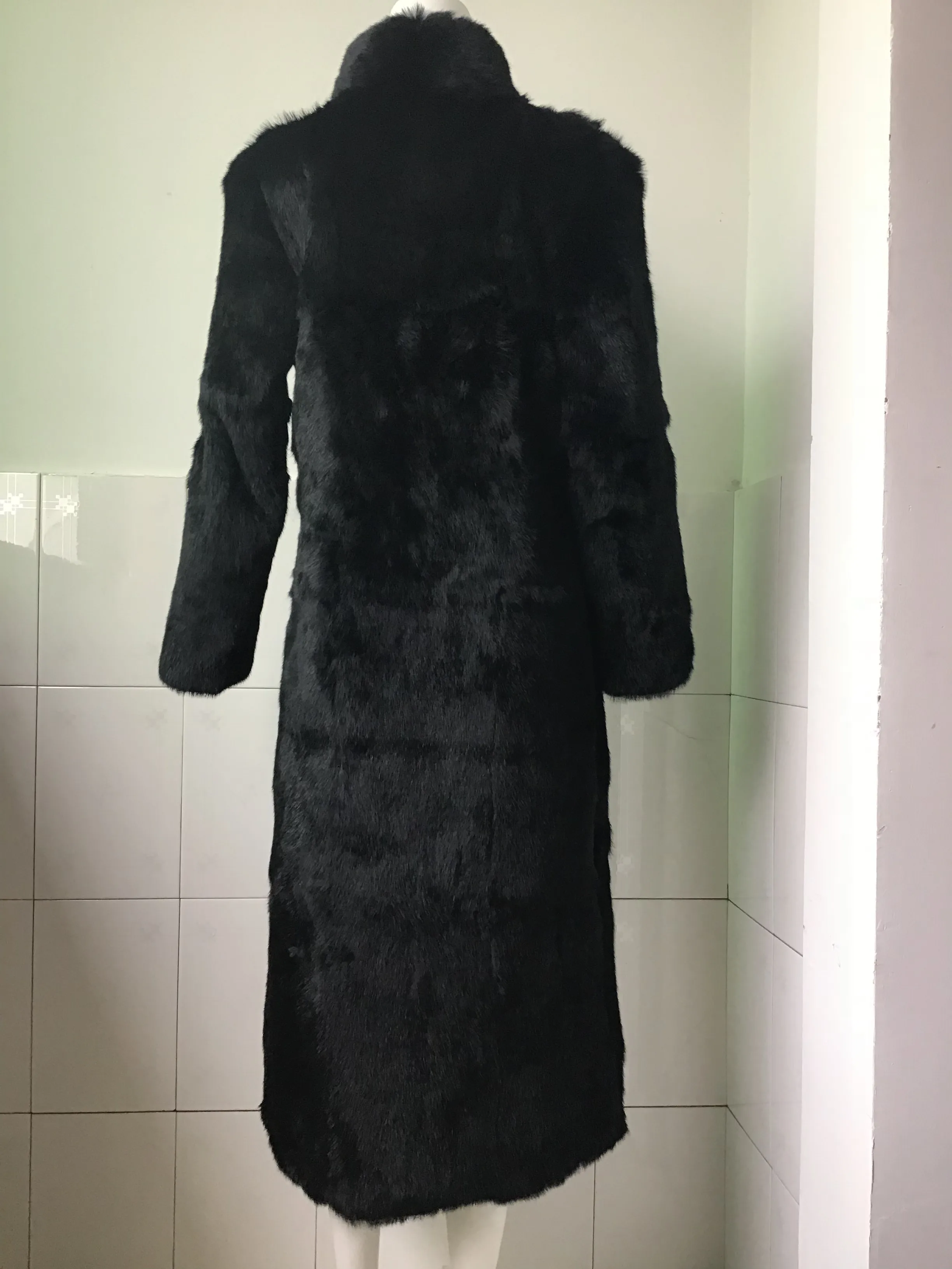 120 см полная длина настоящий натуральный черный мех кролика пальто Верхняя одежда парка зимний Тренч кожаный ремень подгонка под заказ размера плюс 6Xl 5XL