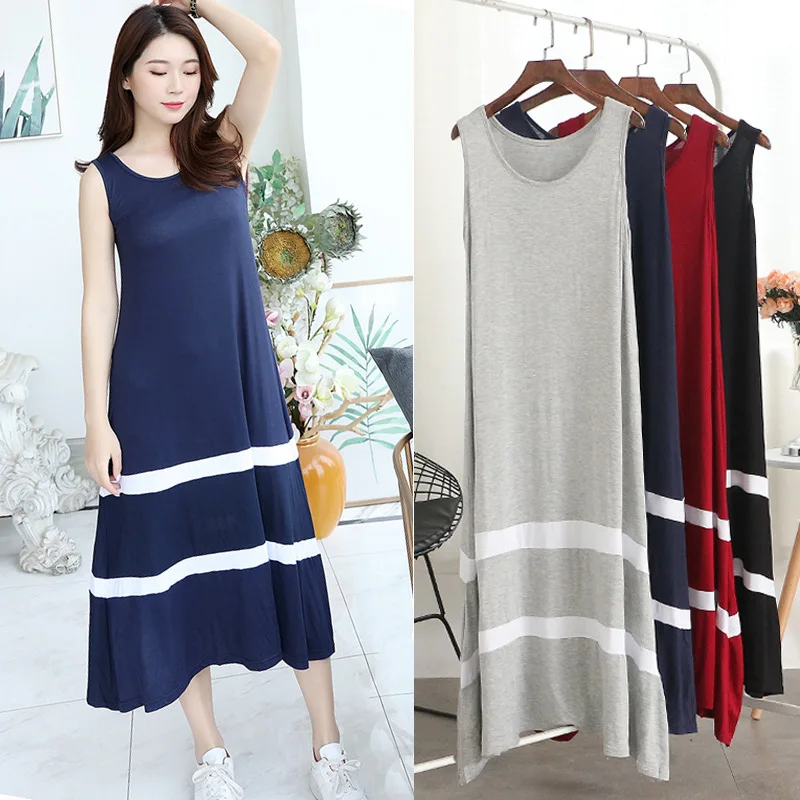 

2018 Summer New Style Sleeveless Dress Women's Korean-style Slimming Crew Neck Base Vest Skirt Spell White Big Hemline Dress
