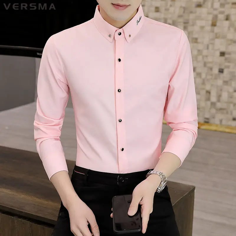 VERSMA Casual Fashion Shirt Men Solid Color Cotton Mens Dress Shirt Slim Fit Business Suit British 