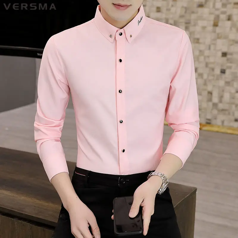 Versma Casual Fashion Shirt Men Solid Color Cotton Mens Dress Shirt