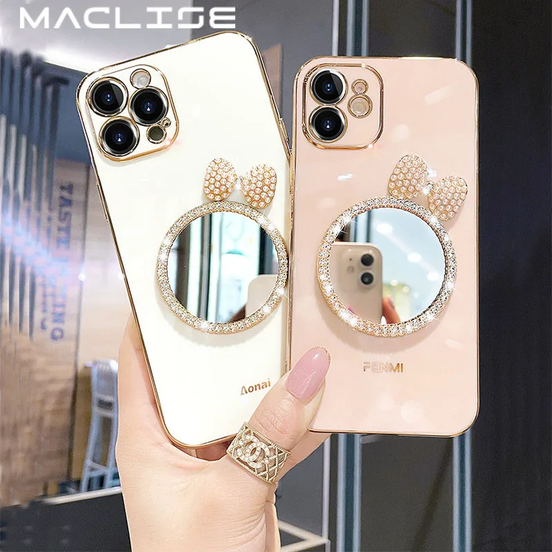 Luxury Brand 3D Makeup mirror Pearl Bow Phone Case For Iphone 12 11 Pro Max 6 7 8 Plus X XR Fashion Plating Glitter Soft Cover