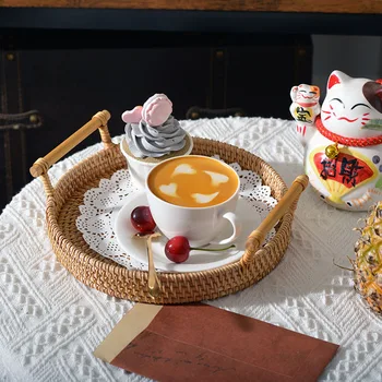 

European Retro Rattan Hand woven Round With Handle Tray Wrought Vintage Storage Bread Tray Home Decoration Garden Restaurant