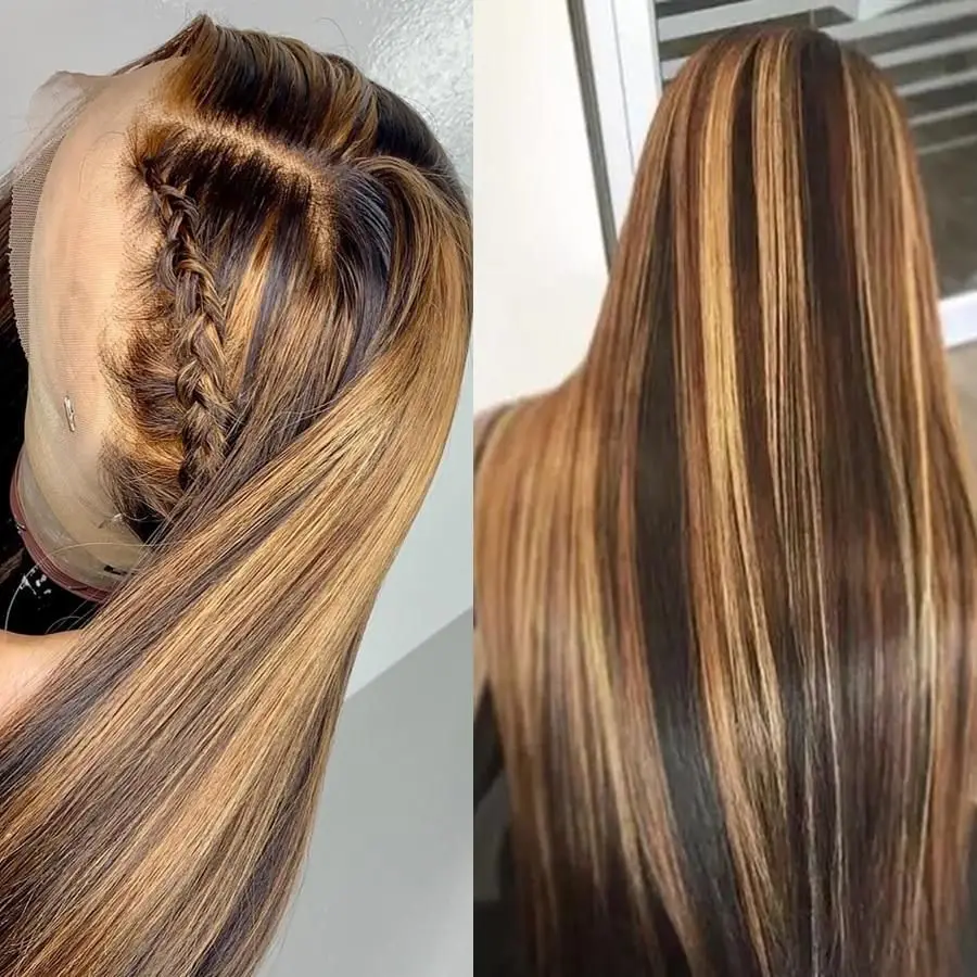 Straight Highlight Wig 13x1 Lace Part Human Hair Ombre Brown Honey Blonde Brazilian Remy Short Long Wigs For Women Pre Plucked