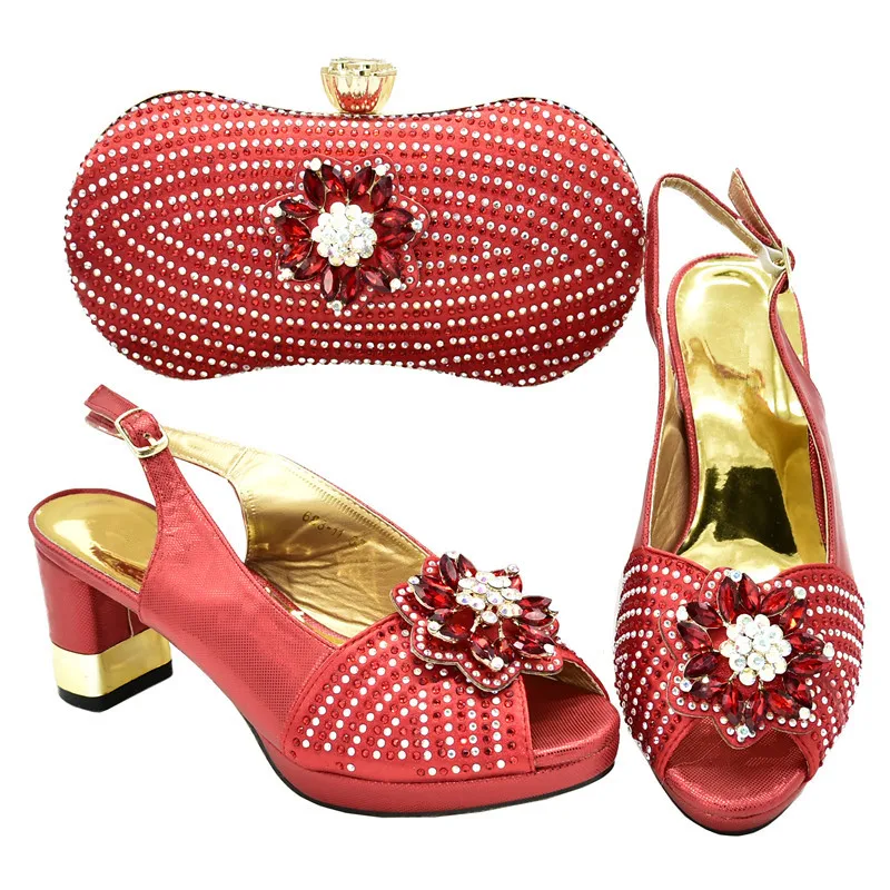 Красный High Quality African Matching Shoes and Bags Italian In Women Shoes Woman High Heel Elegant Women Party Pumps Rhinestone Heels - Цвет: Красный