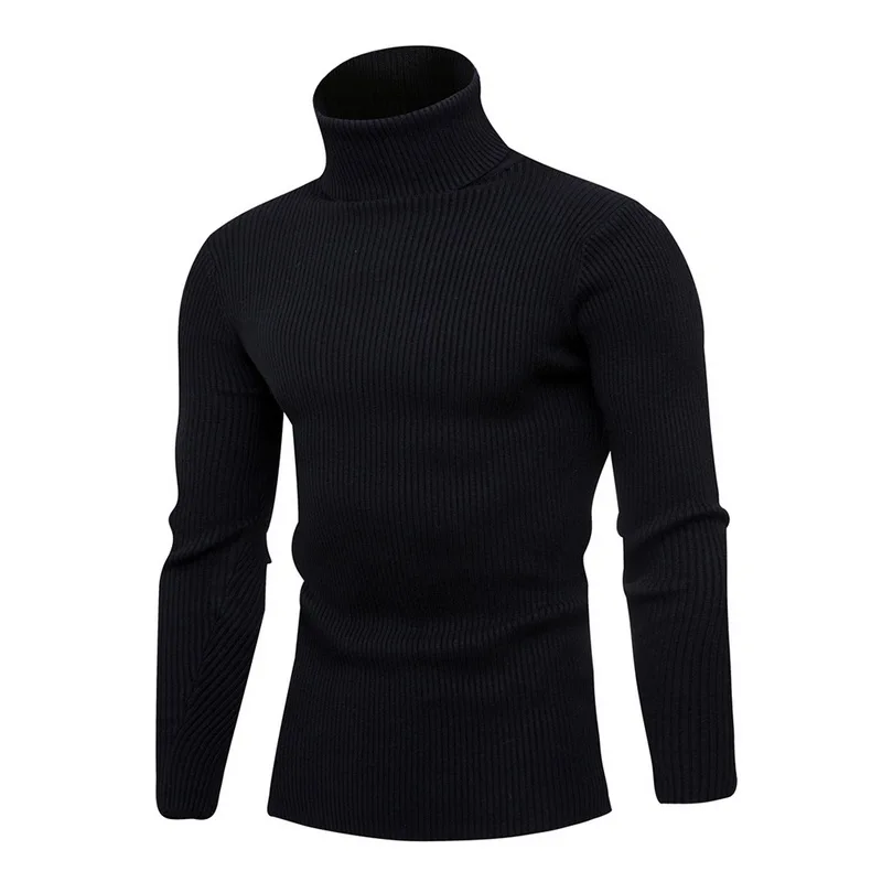 CYSINCOS, Осенний теплый свитер с высоким воротом, мужской модный однотонный вязаный свитер, мужские свитера,, повседневный мужской тонкий пуловер с двойным воротником - Цвет: black