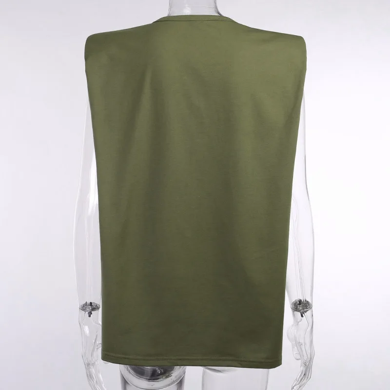 Viifaa White T Shirt with Shoulder Pad Sleeveless Round Neck Summer Tshirt Women Casual Loose Office Ladies Tops