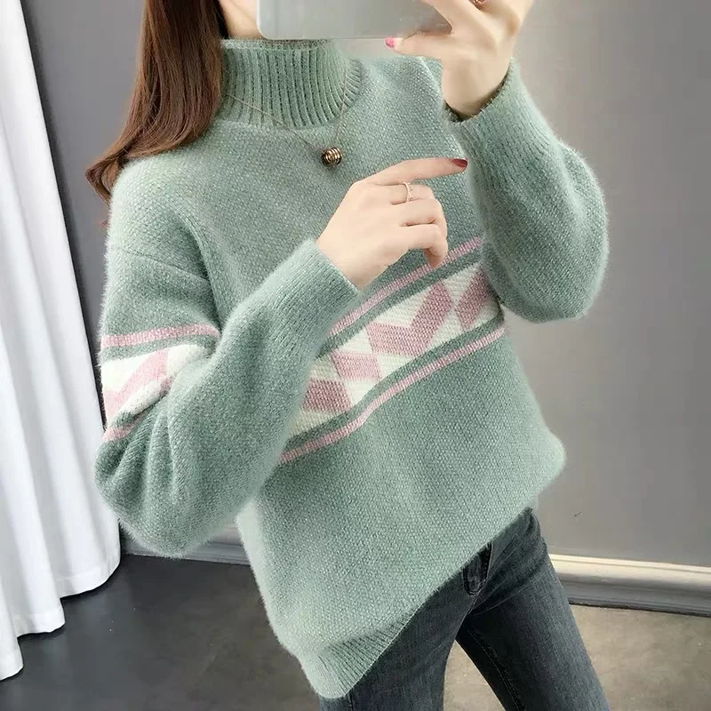 Новинка, бархатный женский свитер с воротником средней высоты из синели, Корейская версия, пуловер, вязаный джемпер