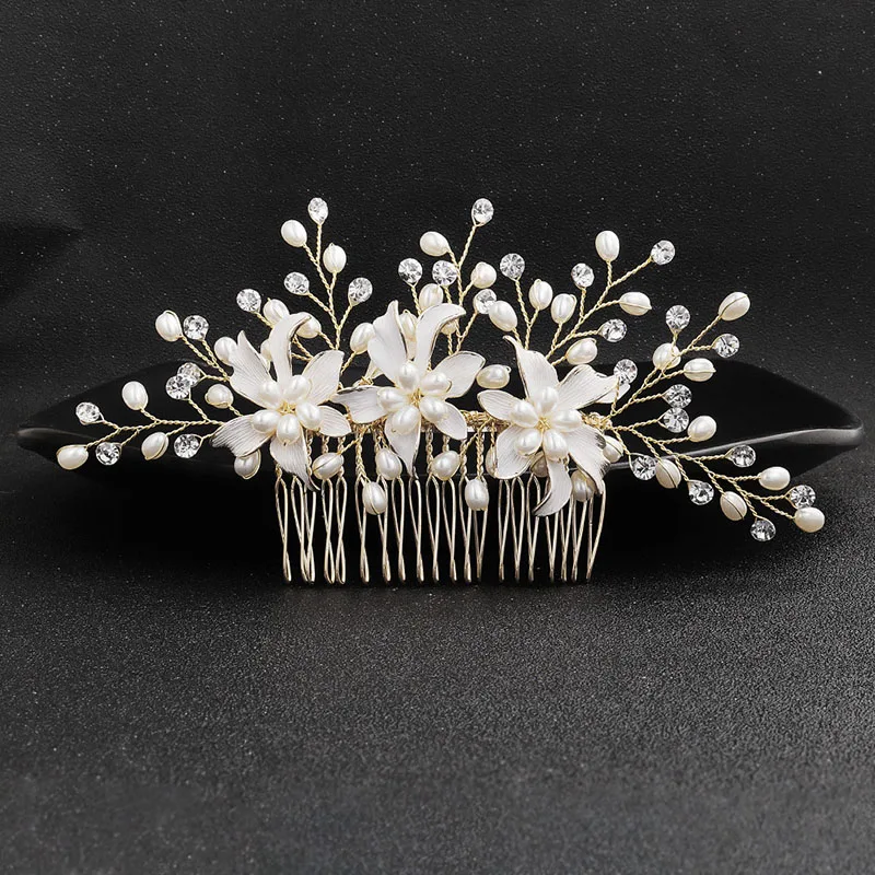 Floralbride Handmade Wired Rhinestones Crystal Pearls Flower Wedding Hair Comb Bridal Headpieces Hair Accessories Women Jewelry