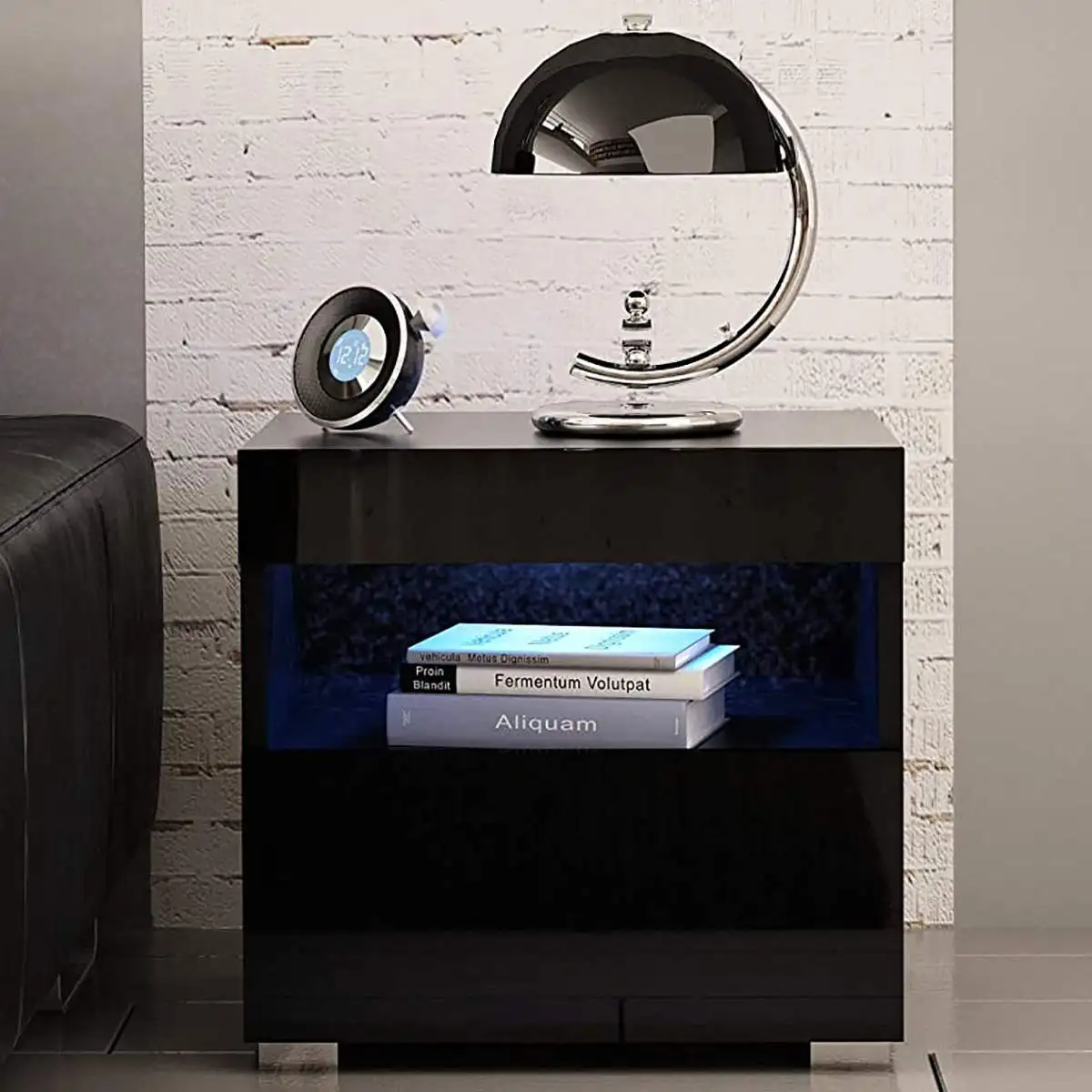 

High Gloss LED Light Nightstand Small Coffee Table Magazine Drawer Organizer Cabinet Storage Bed side Table Bedroom Furniture