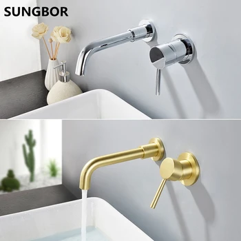 

Brushed Gold Basin Faucet Concealed Wall Mounted Faucet Tap 360 Rotation Single Handle Hot Cold Water Bath Mixer Tap