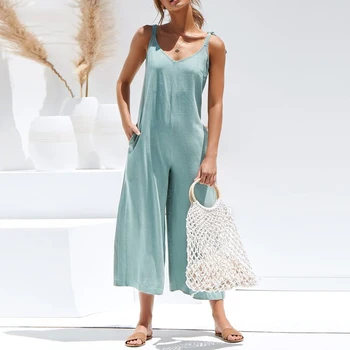 

Summer Sexy V neck Backless Linen Sling Jumpsuit with Pockets One Piece Jumpsuits Loose Casual Wide Leg Pants Women's Overalls