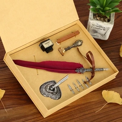 Continental retro Wax seal feather Fountain dip Pen set free shipping continental retro wax seal set wax seals stamps for paper envelopes sealing wax free shipping