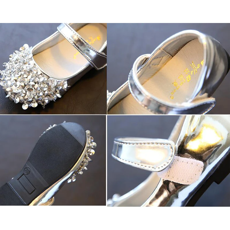 Girls Leather Shoes Fashion Sequins Bling Kids Princess Shoes Solid Color Spring Little Girl Silver Black