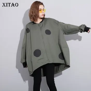 

[XITAO] 2019 Spring Summer Korea Fashion New Women Loose Stand Collar Full Sleeve Polka Dot Irregular Casual Jacket LJT3848