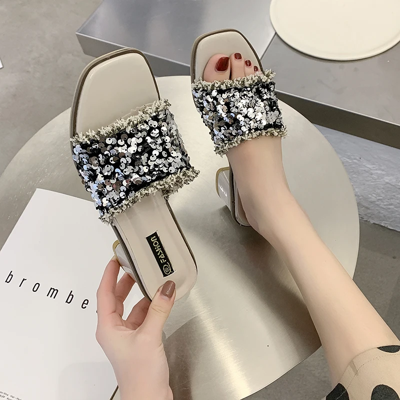 

Black Silver Sequin Slippers Women High Heel Slippers Sandals Summer shoes Outdoor Sparkling Square Heel Sandals Women 2020