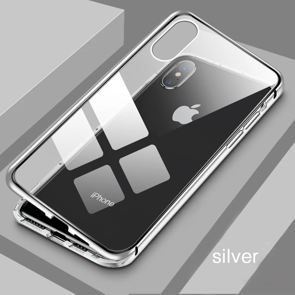 Eqvvol металлический магнитный адсорбционный чехол для iPhone XS MAX X XR 8 7 Plus 6 6s чехол двухсторонняя, для стекла магнит чехол Fun - Цвет: Sliver