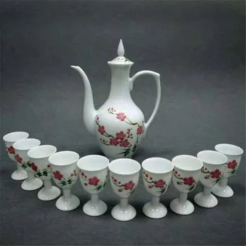 

A Set 11 Pcs Jingdezhen Porcelain Pastel Plum Blossom Flower Pattern Lucky Wine Set Wine Pot Wine Cup Home Decoration Gift