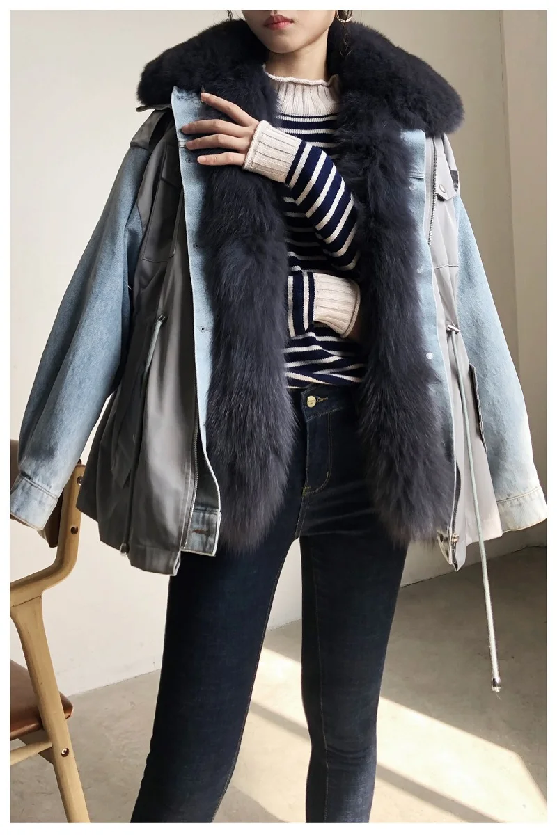 2019 Safari Style Denim Patchwork Parka Real Fur Coat Winter Jacket Women Natural Fox Fur Collar and Liner Warm Outerwear