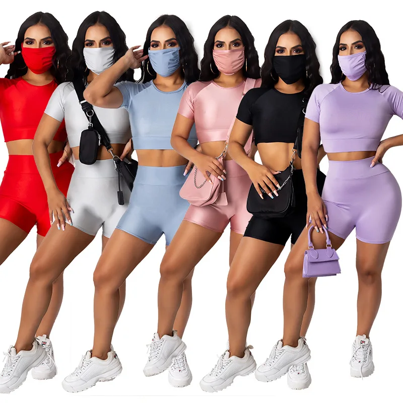 

Solid Sexy Seamless Two Pieces Set Women Crop Top Skinny Shorts Tracksuit High Elastic Jogger Women Fitness Sporty Suit