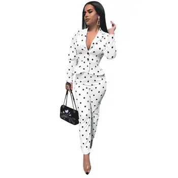 

2020 New Spring Fall Women's Formal Two Pieces Set Women Polka Dot V-Neck Ruffles Hem Tight Waist Blazer Coat & Pencil Pant Sets