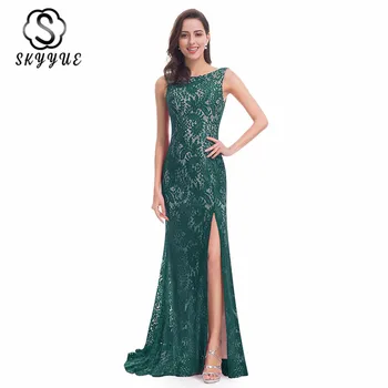 

Skkyue Evening Dress 2019 O-neck Mermaid Women Long Dresses Lace Tank Robe De Soiree Plus Size Split Train Formal Gowns C446