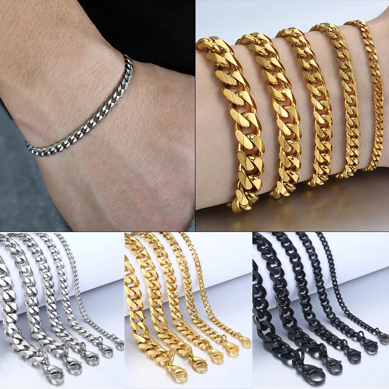 Trendsmax, 3-11 мм, мужские браслеты из нержавеющей стали, Снаряженная кубинская цепочка для мужчин и женщин, простые классические ювелирные изделия, подарок