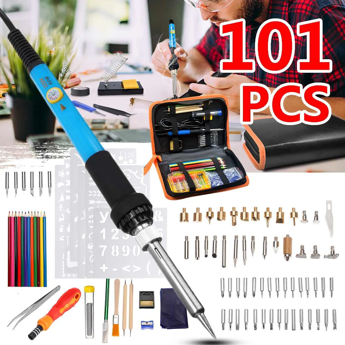 

101Pcs Soldering Iron Kit Electric DIY Wood Burning Pen Soldering Iron Tool Adjustable Temperature 110V-220V Solder Welding Tool