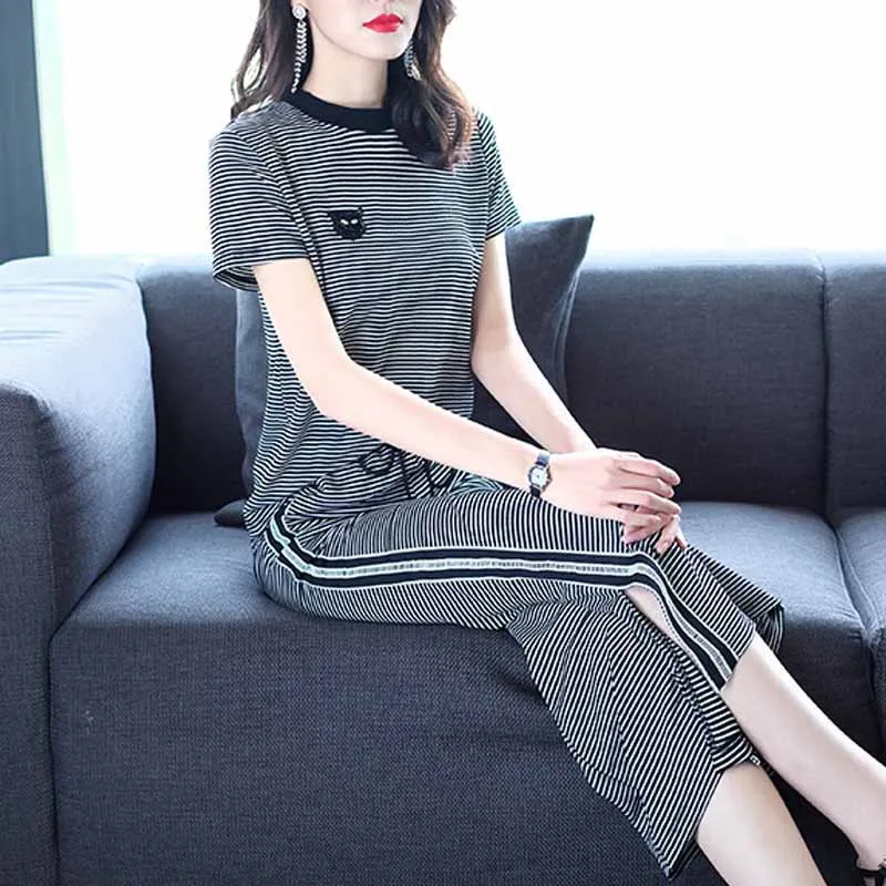 

Summer Black And White with Pattern Fat Mm Casual Large Size Short Sleeve Sports Clothing Stripes Loose Pants Set Hoodie Pants T