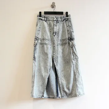 

Spring and summer new washed uneven color front slit A word version long denim skirt