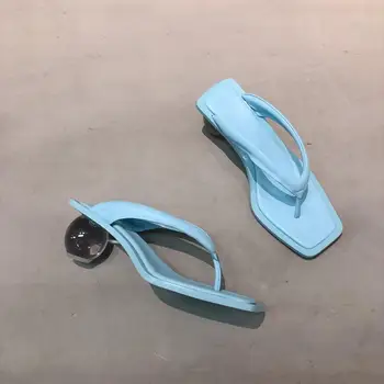 

Concise Sheepskin Flip Flops 2020 Spring Summer Slippers Transparent Round Heels Genuine Leather Shoese Woman Hot Slides Women