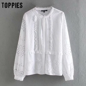 

white hollow embroidered shirt summer long sleeve blouses tops women ruffles korean clothes