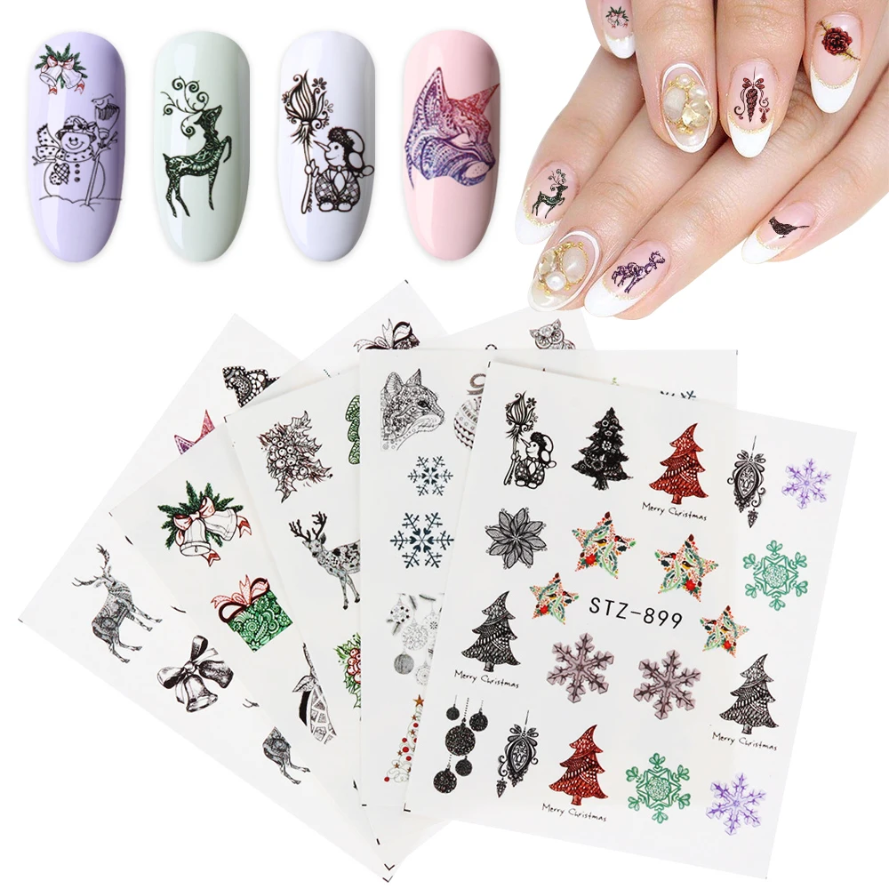 

1Pc Water Set Elk Snowflakes Star Slider Decoration Charm Christmas Flower Decals Nail Sticker Black Winter Nail Art Sticker
