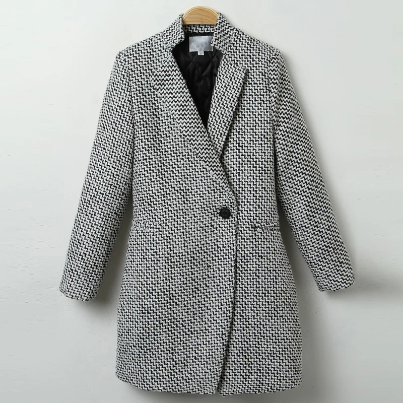 Модное длинное шерстяное Женское пальто размера плюс, зимняя Осенняя клетчатая куртка, шерстяное пальто, твидовая верхняя одежда, 5XL 6XL 7XL - Цвет: Черный