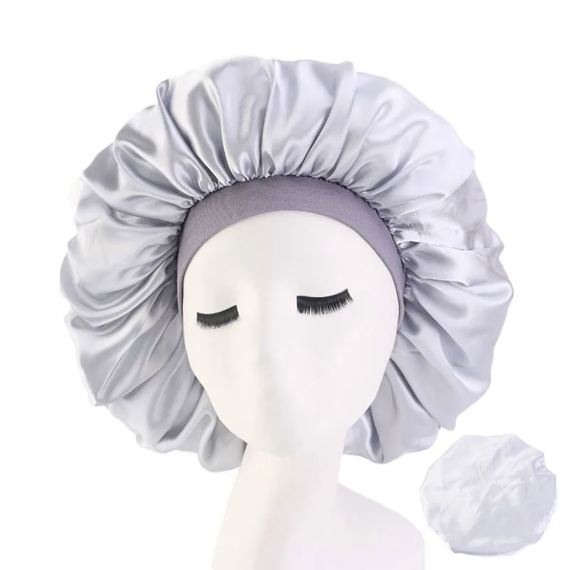 Large Print Satin Silky Bonnet Sleep Cap Width Elastic Band for Women Solid Color Head Wrap Lady Hair Accessories Wholesale