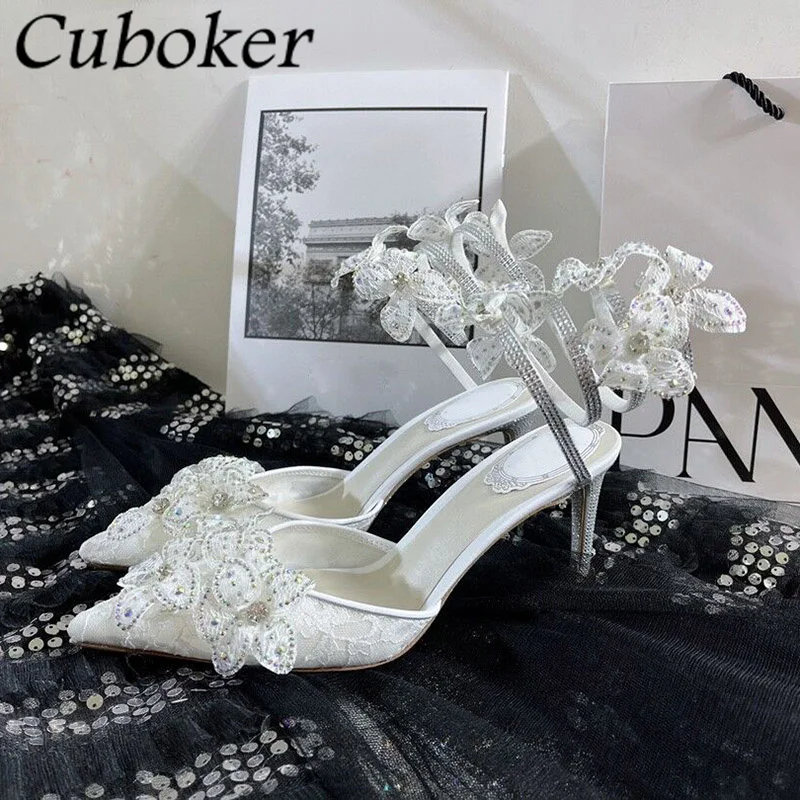 

Designer Brand White Flower Wedding Shoes Lace Pointed Women's Sandals Ankle Band Women's High Heels Bride's Shoes Banquet Shoes