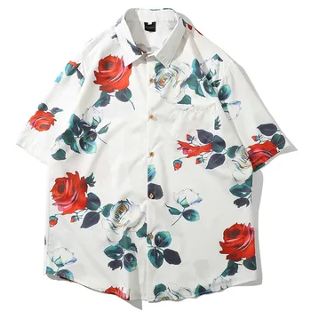 

Male Japan Korea Loose Beach Shirts Men Summer Vintage Fashion Streetwear Hip Hop Short Sleeve Casual Shirts