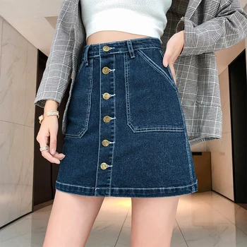 

Fashion Denim Short Skirt High Waist Woman Single Button Matching Pocket Mini Skirt 2020 Summer Casual Women A Line Jeans Skirt